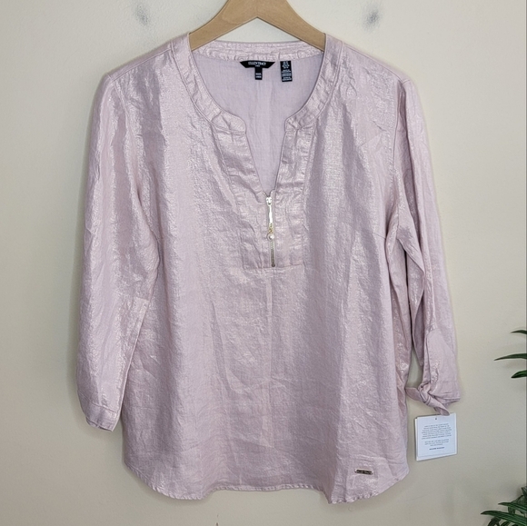 NWT Ellen Tracy | Shimmery Metallic Pink Linen Popover Top Size Medium - Picture 1 of 5